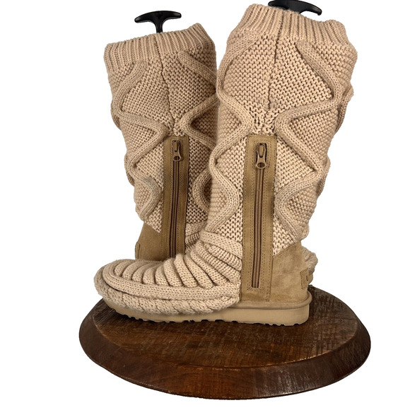 UGG Boots Womens 8 Cream Classic Tall Chunky Knit Wool Leather Breathable - Picture 5 of 16